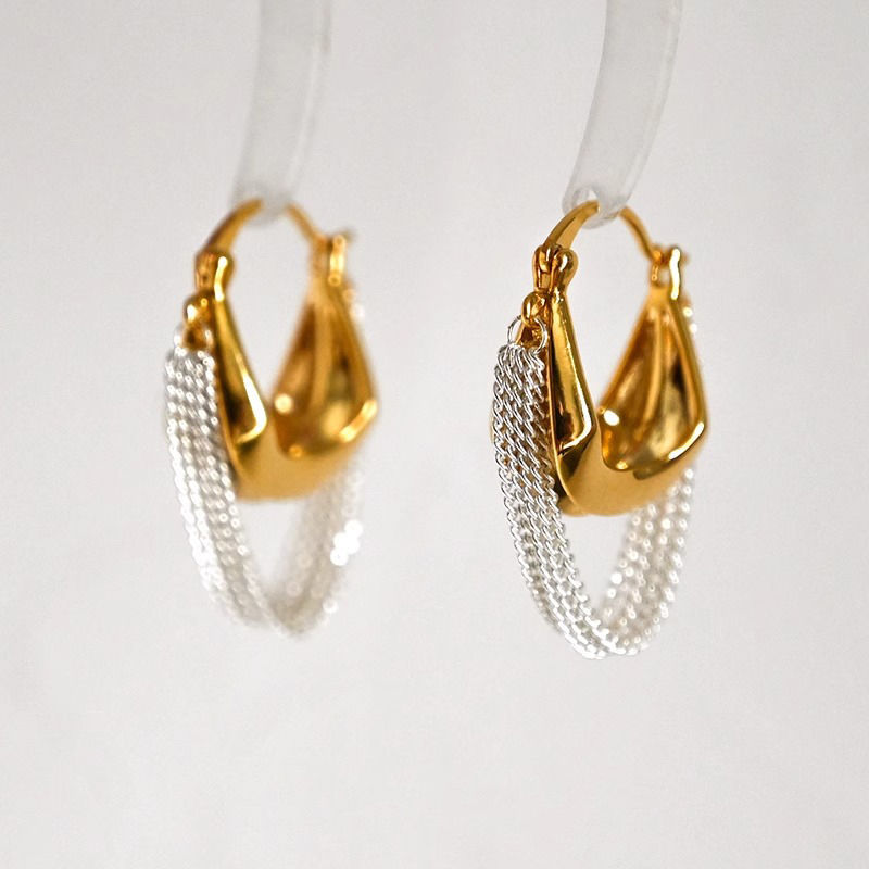 Gold And Silver Contrast-color Chain Tassel Earrings For Women